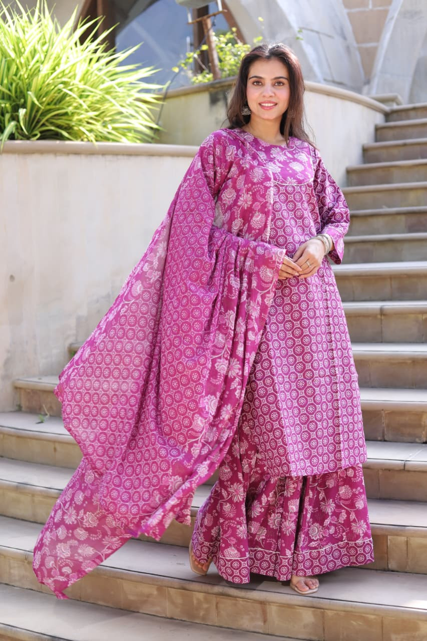 Magenta & Cream Hand Block Print Cotton Long Kurta & Skirt Set with Dupatta