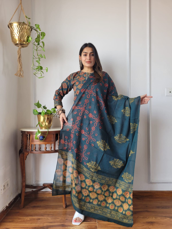 Teal Green & Rust Hand Block Printed Cotton Suit Set