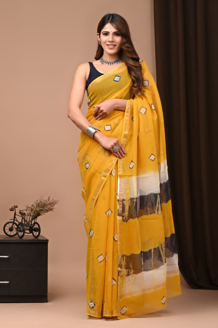 Yellow & Blue Kota Doria Saree Handmade Dabu/Bagru Hand Block Printed