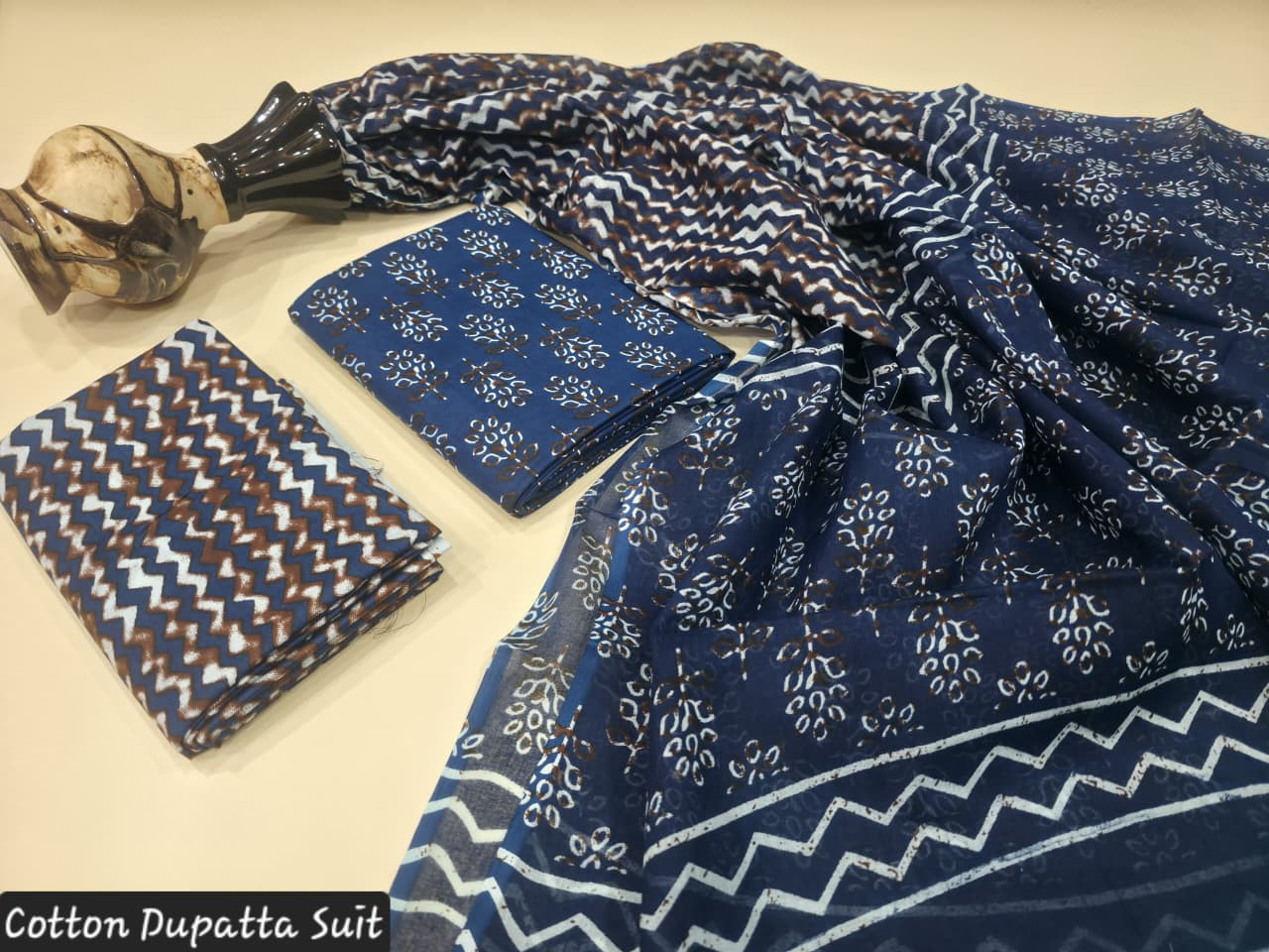 Navy Blue and Brown Hand Block Printed Cotton Dupatta Suit.