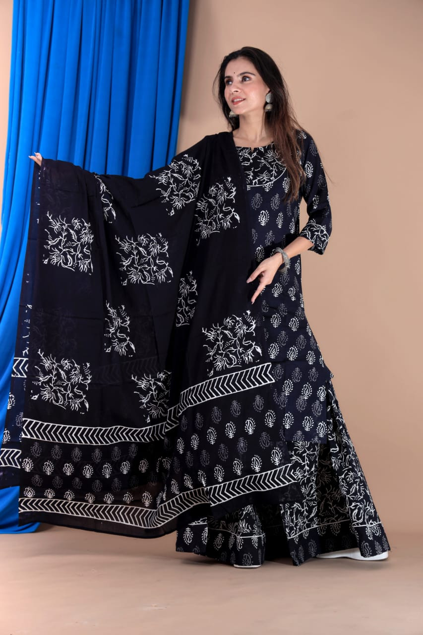 Black & White Hand Block Printed Cotton Long Kurta & Skirt with Dupatta