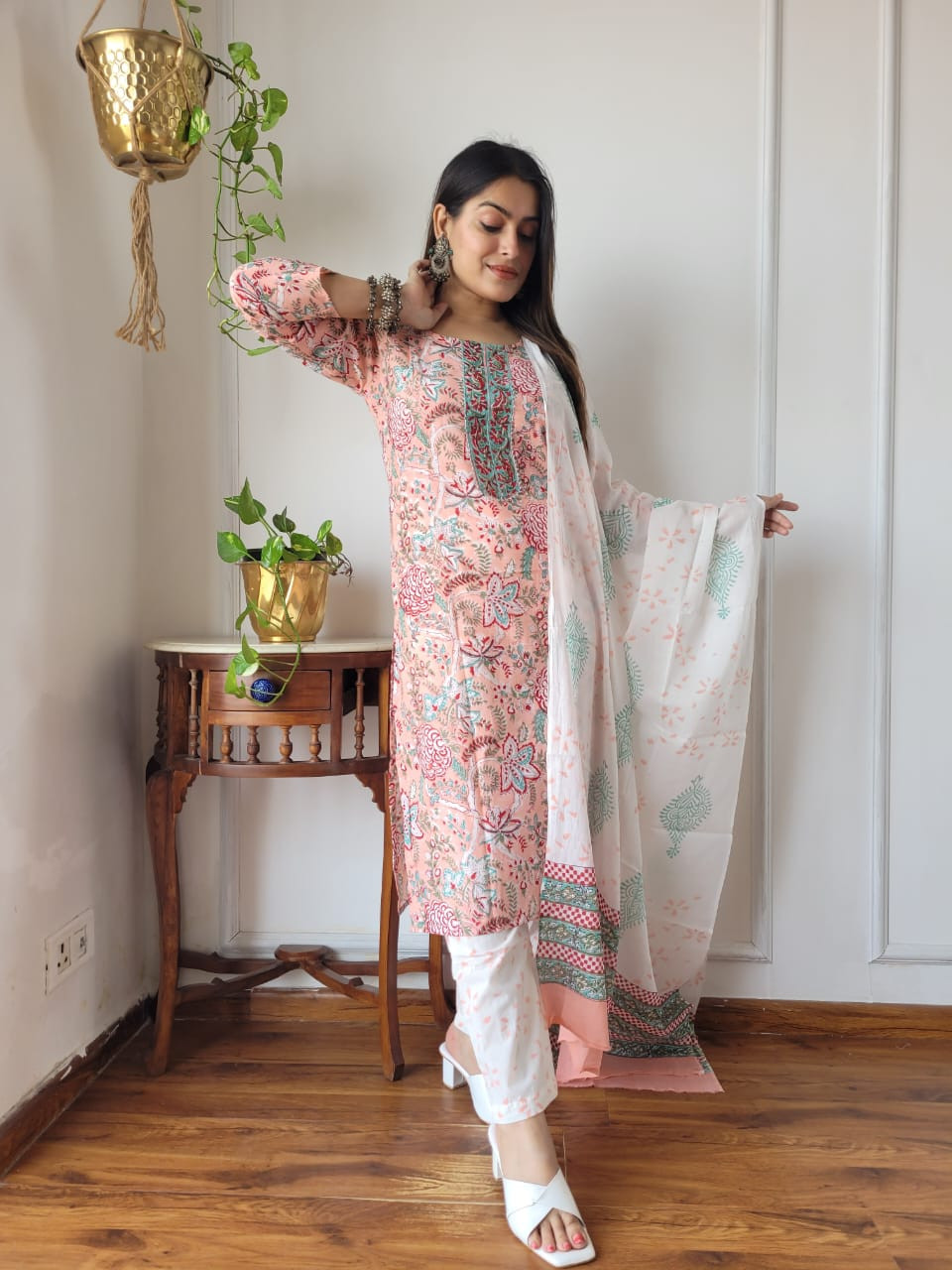 light pink floral hand block printed cotton kurta, pants, and dupatta suit set