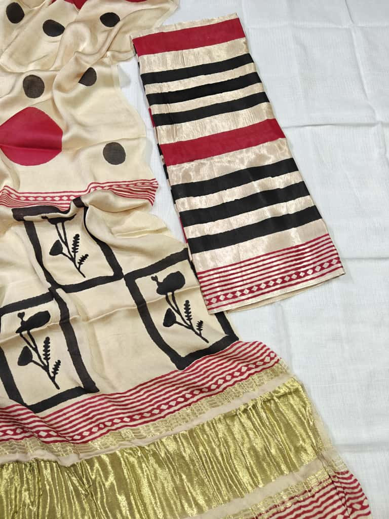 cream, black, and red kalamkari print cotton silk blend saree