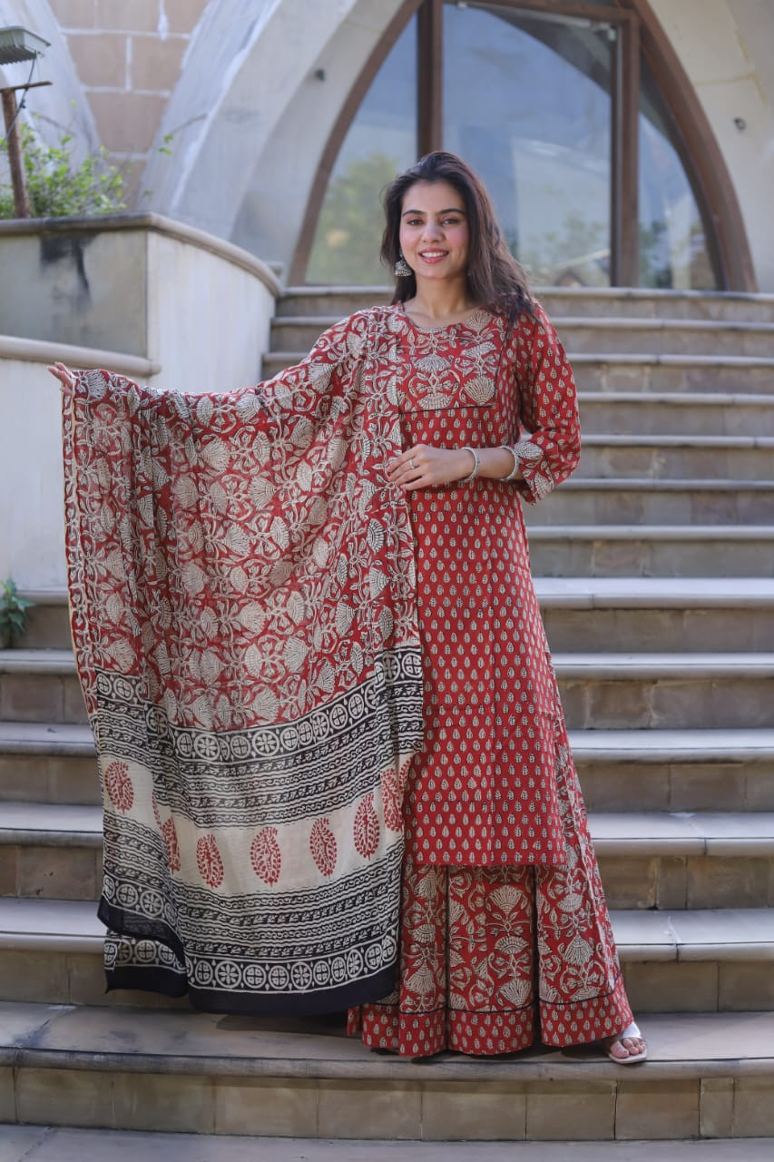 Red & Beige Hand Block Printed Cotton Long Kurta & Skirt with Dupatta