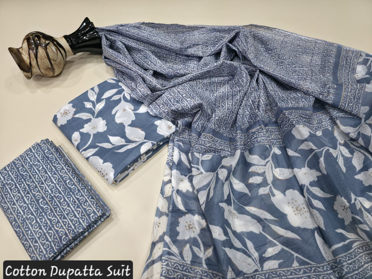 indigo blue and white dabu hand block print cotton dupatta suit.