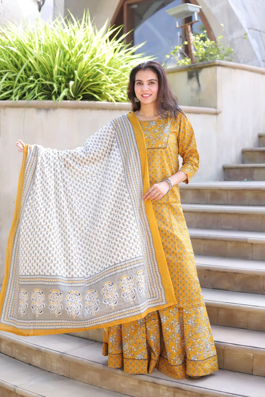 Mustard Yellow Hand Block Printed Designer Long Kurta & Skirt with Dupatta.
