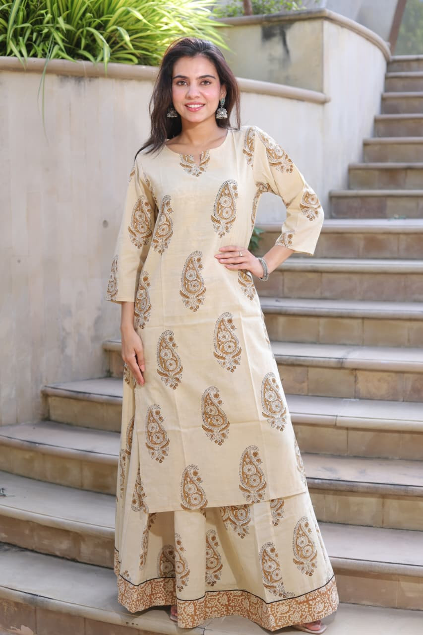 Women's Beige & Brown Paisley Block Print Cotton Kurta Skirt Set