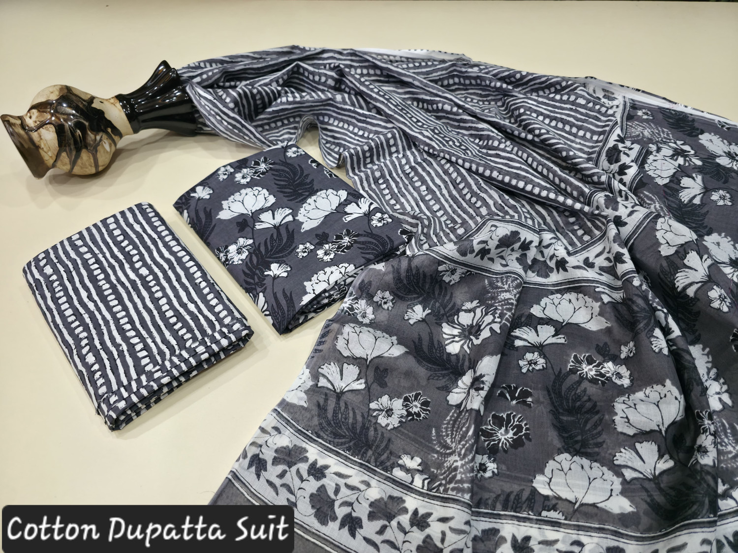 Grey and White Floral Hand Block Print.