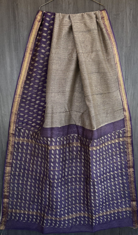 purple hand-block printed Maheshwari silk/cotton blend saree with zigzag and traditional floral and paisley motifs and a golden zari border