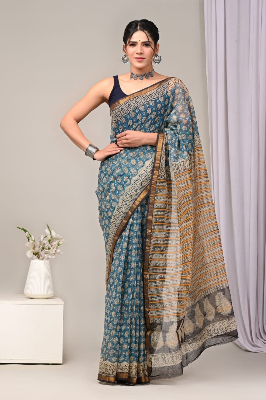 Teal Blue Kota Doria Saree Handmade Dabu/Bagru Hand Block Printed