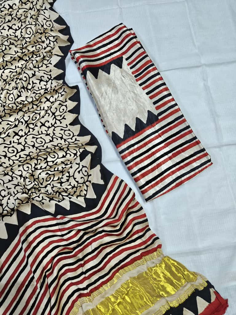 Beige & Red Striped Hand-Block Print Maheshwari/Chanderi Saree