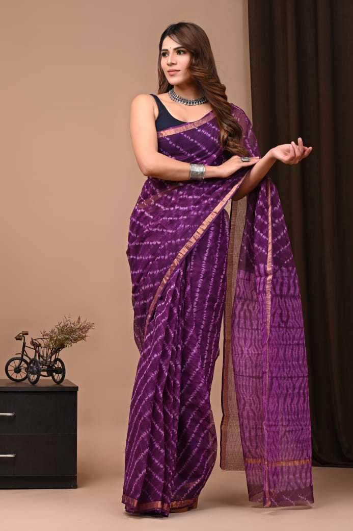 Purple & White Kota Doria Saree Handmade Dabu/Bagru Hand Block Printed