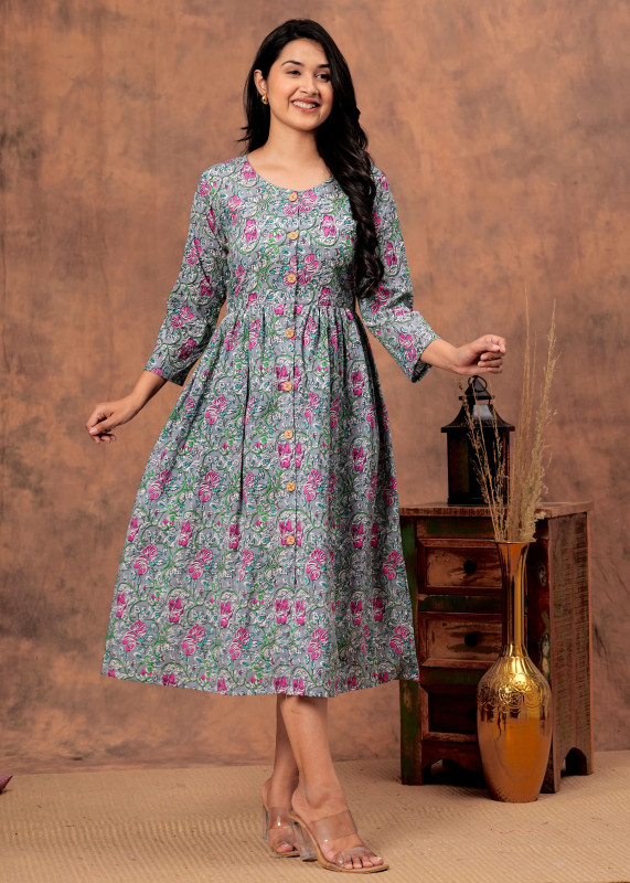 Pink, Grey, Green Beige & Maroon Blossom Block Print Cotton  one piece dress