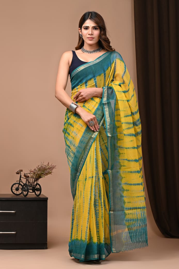 Yellow & Blue Kota Doria Saree Handmade Dabu/Bagru Hand Block Printed