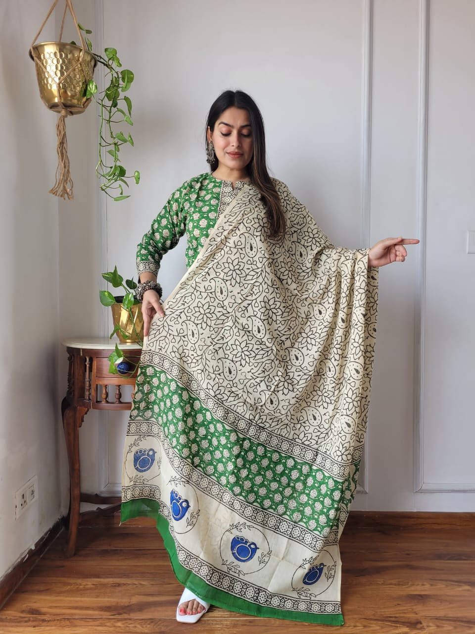 Forest Green & Ivory Cotton Handblock Print Suit Se