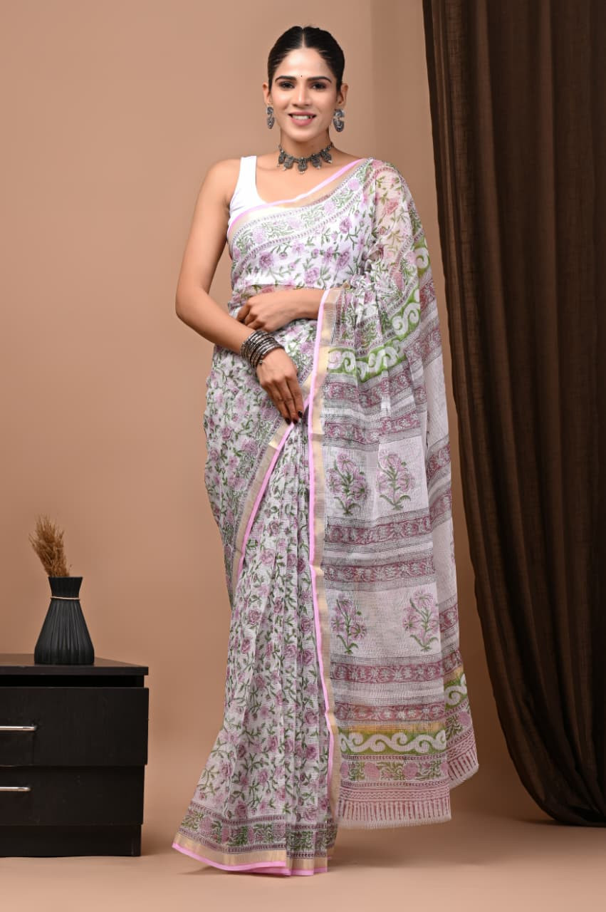 Pink & Green Kota Doria Saree Handmade Dabu/Bagru Hand Block Printed