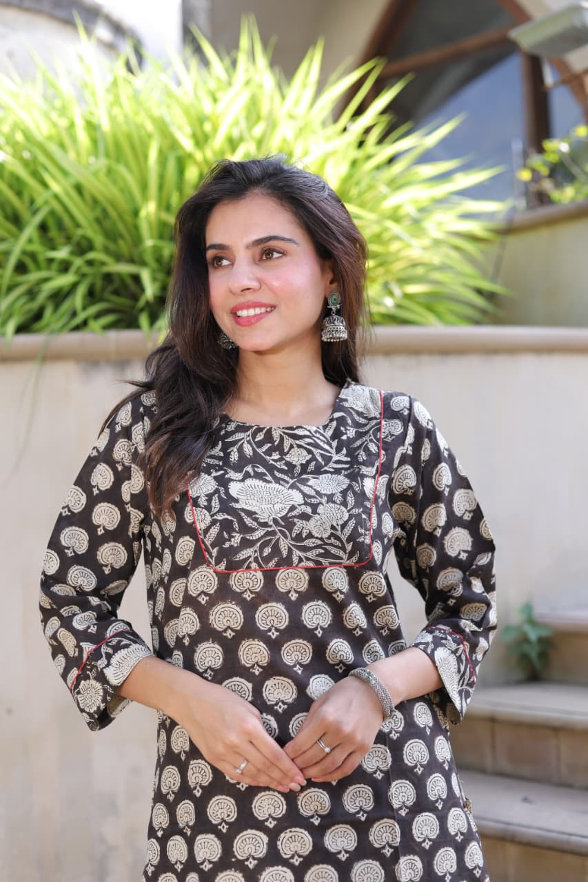 black and off-white cotton Kurta and Skirt Set or Anarkali Dress